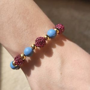 Rustic Cuff Bracelet Fairy Tale Sister Snowflake. Blue, Pink and Gold Beads.